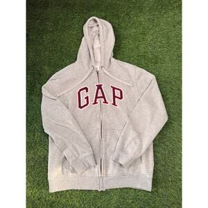 GAP Sherpa Hoodie Men Small Gray Full Zip Fleece Lined Spell Out Logo Jacket
